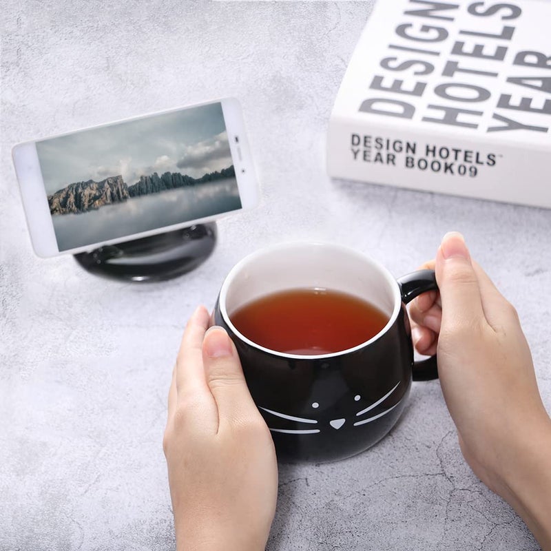 Koolkatkoo 16OZ Cute Cat Coffee Mug with Cell Phone Holder Lid for Cat Lover Unique Ceramic Black Mugs Tea Cup Gift for Women - Image 3